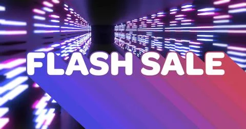 Displaying bold white FLASH SALE banner diagonally across neon corridor, casting Stock Illustration
