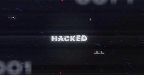 Displaying bold white HACKED text on digital screen, with scanlines, glyphs, Stock Illustration
