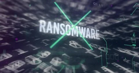 Displaying bold white RANSOMWARE text overlaid by green X in interface gridlines Illustrazione stock