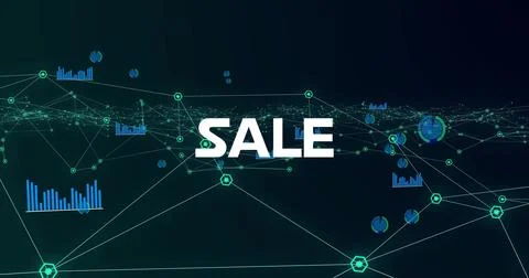 Displaying bold white SALE hovering over grid in data with green hex nodes and Illustrazione stock