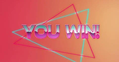 Displaying bold 'YOU WIN!' text glowing on synthwave warm coral-peach gradien Illustrazione stock