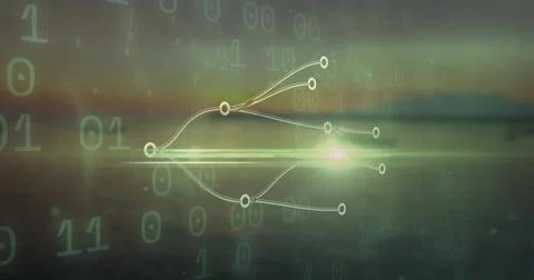 Displaying branching network nodes with curved lines and binary digits over g Foto stock