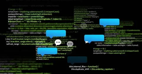 Displaying bright blue chat bubbles floating over code interface, with three-dot Stock Photos