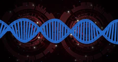 Displaying bright blue DNA double helix stretching across tech backdrop, with Stock Illustration