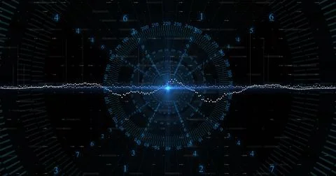 Displaying bright blue node and centered dotted waveform pulsing in VR HUD with Stock Illustration