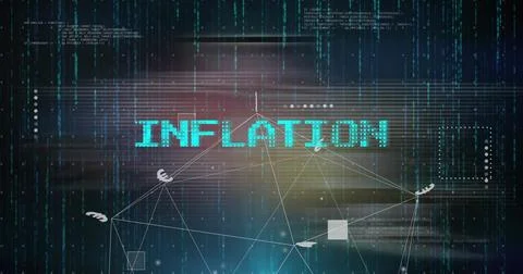 Displaying bright cyan pixel INFLATION glowing in fintech dashboard with mesh Illustrazione stock