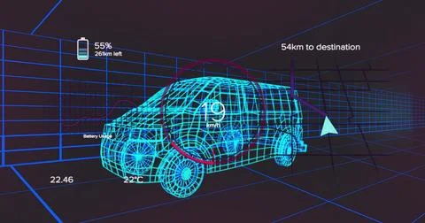 Displaying bright cyan wireframe van model floating within grid environment, 스톡 일러스트