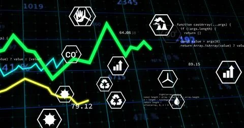 Displaying bright green line graph on dashboard, showing CO2, recycling icons, Illustrazione stock