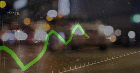 Displaying bright green line graph tracing movement over urban lights, with grid Stock Photos