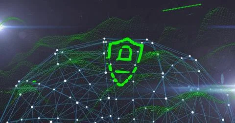 Displaying bright green shield icon locking data streams in virtual network Stock Illustration