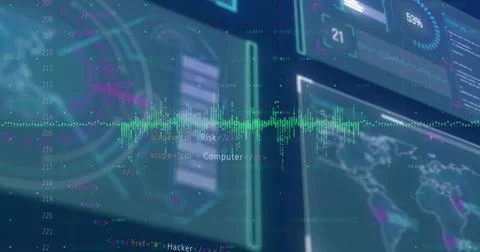 Displaying bright green waveform pulsing across virtual HUD, showing XML tags Stock Illustration
