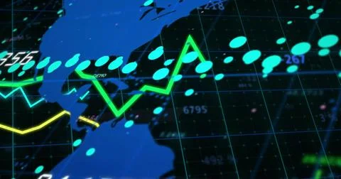 Displaying bright green zigzag trend line moving across trading dashboard with イラスト素材