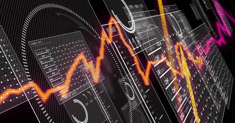 Displaying bright orange line graph floating over digital dashboard, with Stock Illustration