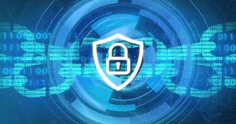 Displaying bright white shield with padlock floating in cybersecurity interface, Stock Illustration