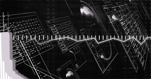 Displaying bright zigzag waveform connecting glass panels in virtual dashboard, Ilustración de archivo