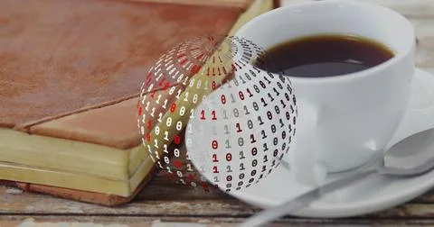 Displaying brown leather-bound notebook on wooden tabletop, with coffee cup and Stock Photos