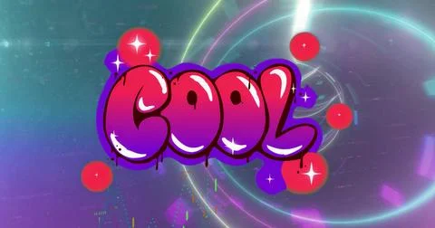 Displaying bubble-letter text COOL on screen, neon rings, data symbols, red Stock Photos