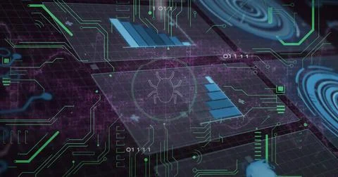 Displaying bug icon glowing on security dashboard panels linking circuits and Stock Photos