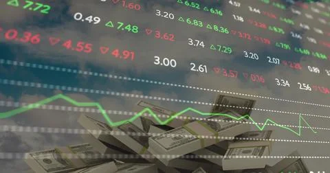 Displaying bundled US dollar banknotes in financial market graphic, with Stock Photos