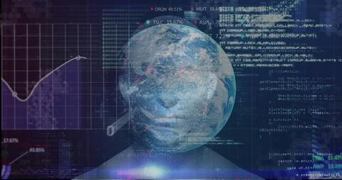 Displaying bust silhouette topped by rotating Earth globe over data interface, イラスト素材