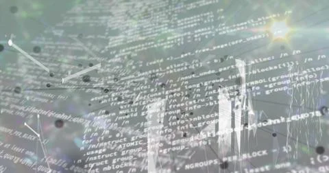 Displaying C-style code overlay floating over skyline, linking nodes, lines and Stock Photos