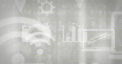 Displaying camera icon projecting Wi-Fi signal arcs on UI backdrop, with Illustrazione stock