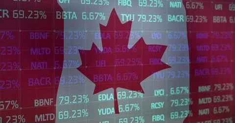 Displaying Canadian maple leaf overlaying trading dashboard, showing ticker data Stockillustratie