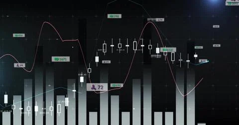 Displaying candles and volume bars on dark trading screen, showing MA lines,  Stock Illustration