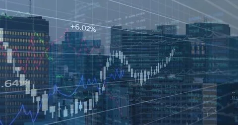 Displaying candlestick and blue line charts over urban skyline at dusk, showing Stock Photos