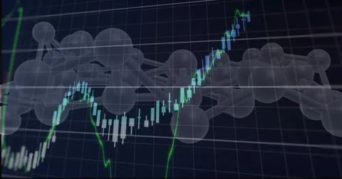 Displaying candlestick and bright green line chart on dark grid with 3D Stock Illustration