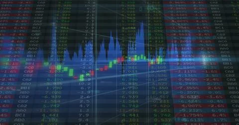 Displaying candlestick and line graph on computer monitor, ticker symbols and Stock Illustration