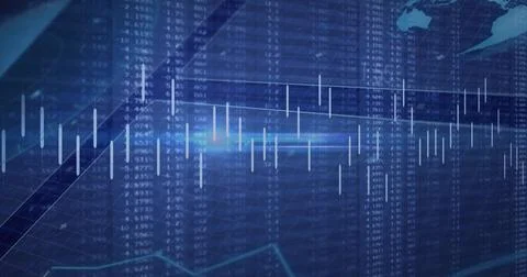 Displaying candlestick bars and blue line graph on digital financial dashboard Stock Illustration