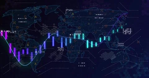 Displaying candlestick bars and glowing trend line on navy global map dashboard, Stock Illustration