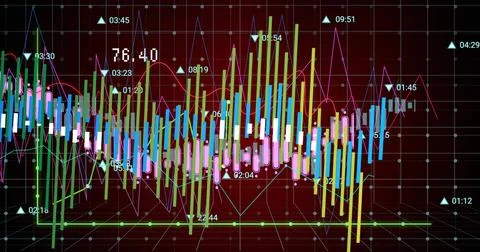 Displaying candlestick bars and line chart in trading interface, with data Stock Illustration