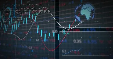 Displaying candlestick bars and overlaying red and white trend lines on イラスト素材