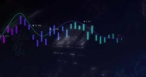 Displaying candlestick bars and wave line graph in trading interface, with Stock Illustration