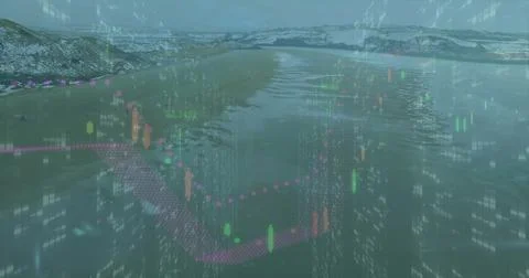 Displaying candlestick bars with dotted trend lines and cascading numeric data Stock Photos