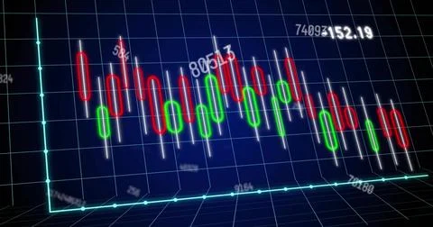 Displaying candlestick bars fluctuating on dark blue grid plane, with cyan axes Stock Illustration