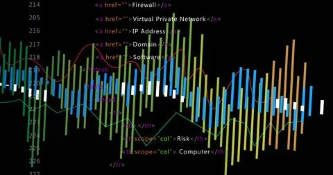 Displaying candlestick bars overlaying HTML code, red teal lime line plots, イラスト素材