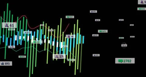 Displaying candlestick bars with red and teal trend lines on virtual dashboard, Stock Illustration
