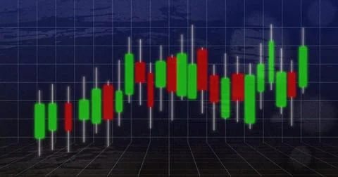 Displaying candlestick bars rising and falling on navy backdrop with white wicks Stock Illustration