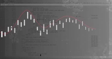 Displaying candlestick bars weaving pink trend line over SQL code in terminal Stock Illustration