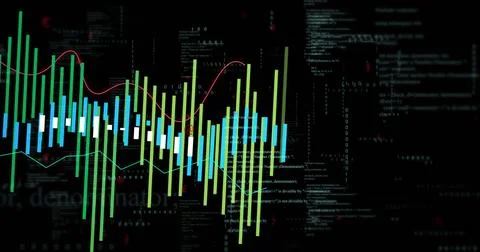 Displaying candlestick bars with weaving red and teal trend lines on black Foto stock