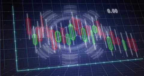 Displaying candlestick bars with white wicks, neon grid, axes and HUD on trad Stock Illustration