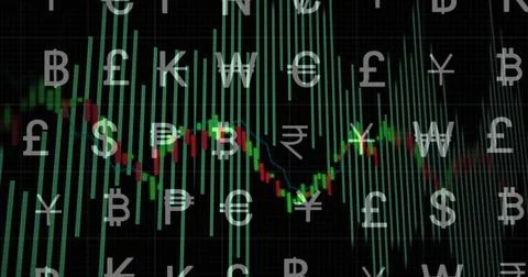 Displaying candlestick chart and currency symbols on trading platform, with grid Illustrazione stock