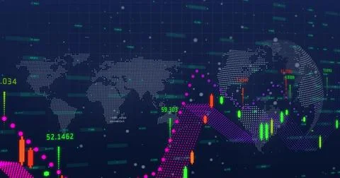 Displaying candlestick chart bars and purple dotted trend arrow on data Stock Photos