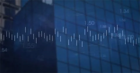 Displaying candlestick chart bars fluctuating on skyscraper glass facade, with Stock Photos