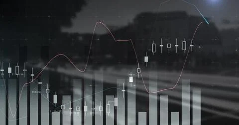 Displaying candlestick chart bars, red blue moving averages over rail tracks Stock Photos