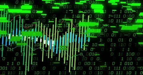 Displaying candlestick chart bars with red trend line on digital interface, Stock Photos
