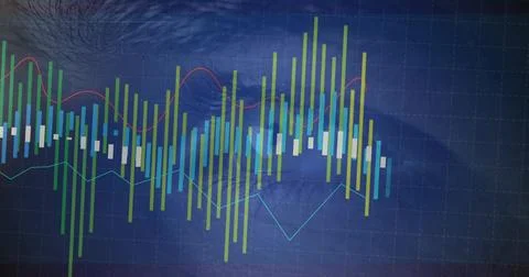 Displaying candlestick chart on dark-blue grid, showing red and cyan lines, Stockfoto's